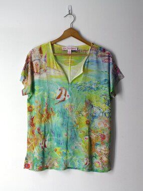 Leoma Lovegrove art to wear lightweight relaxed blouse top tropical fish studs S